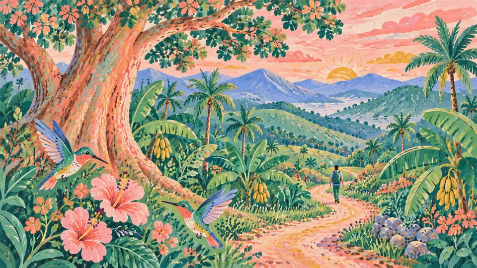 Ilustración: un camino de tierra al amanecer entre plataneras, palmas y una ceiba grande, hacia montañas azules. A lo lejos, de espaldas, un hombre camina con su morral; adelante, dos colibríes entre flores de cayena.