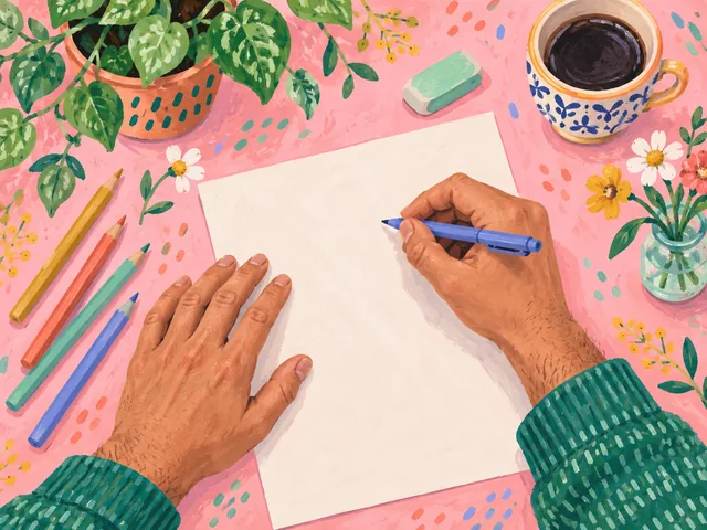 Ilustración: vistas desde arriba, las manos de un hombre de saco verde escriben con un lapicero azul sobre una hoja en blanco, en una mesa rosada con lápices de colores, un borrador, una planta, un café y flores.