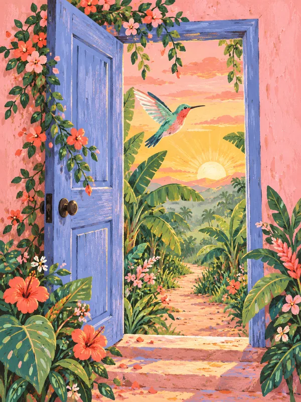 Ilustración: una puerta azul abierta en una pared rosada llena de flores; por ella sale un colibrí hacia un camino de tierra entre plataneras, al amanecer.